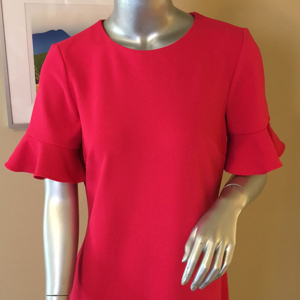 CALVIN KLEIN | Ruffle Short Sleeve Sheath Dress Hot Coral Pink đź©· - Picture 2 of 16